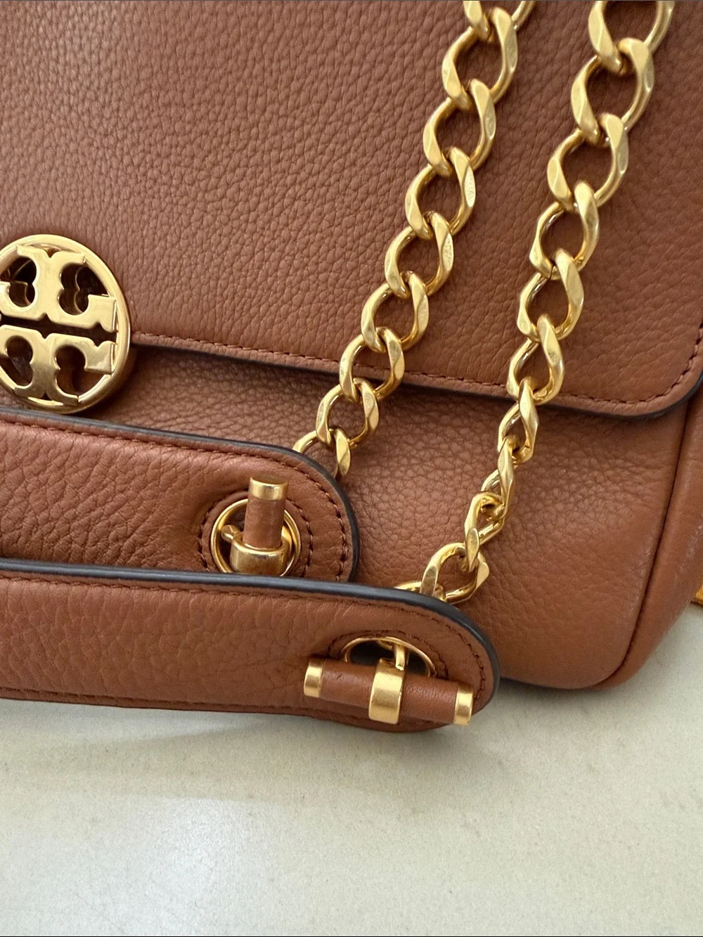 Tory Burch Brown Leather Shoulder Bag with Gold Chain